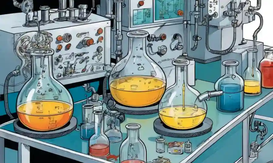 Equipo de laboratorio y diagramas químicos que ilustran aplicaciones industriales de ácidos.