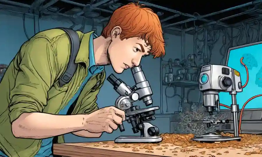 Un estudiante explorando un microscopio interactivo de la red de hongos para aprender.