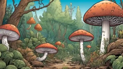 Ilustración de varias especies de hongos que crecen entre plantas en diferentes ambientes