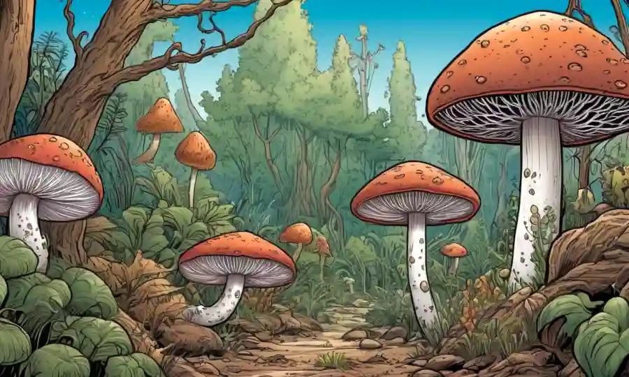 Ilustración de varias especies de hongos que crecen entre plantas en diferentes ambientes