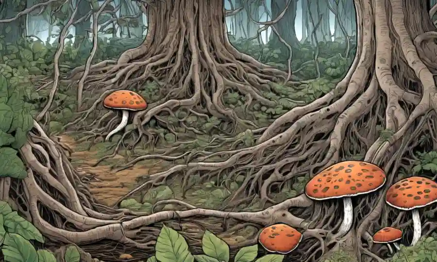 Las ilustraciones científicas de las redes de hongos se entrelazan con raíces vegetales en diversos ecosistemas.