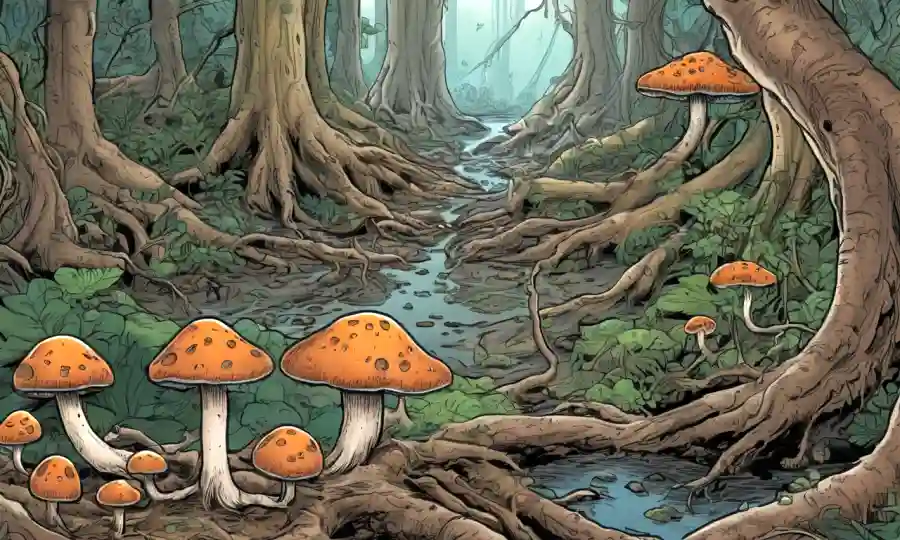 Red de hongos que conecta las raíces de las plantas en diversos ecosistemas.