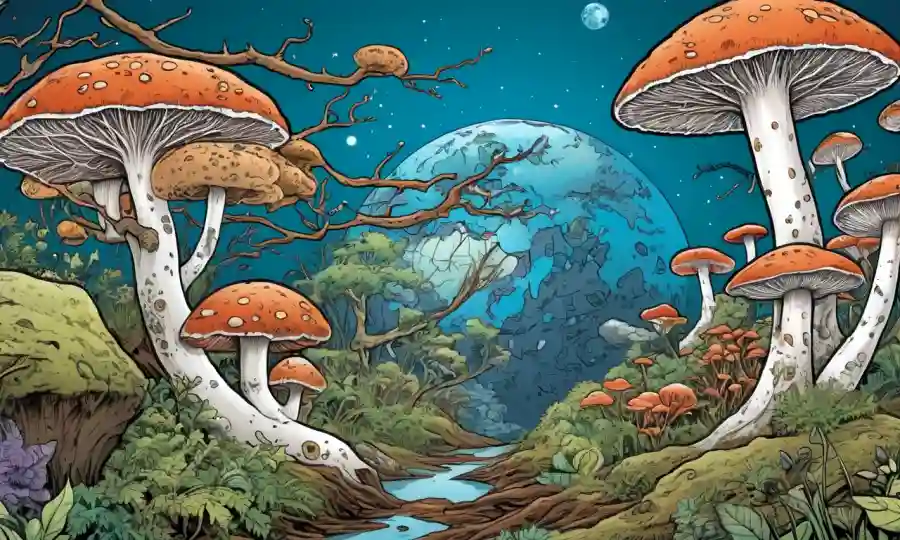 Ilustración científica de hongos ramificados, con escenas de la Tierra y ecosistemas en el fondo.