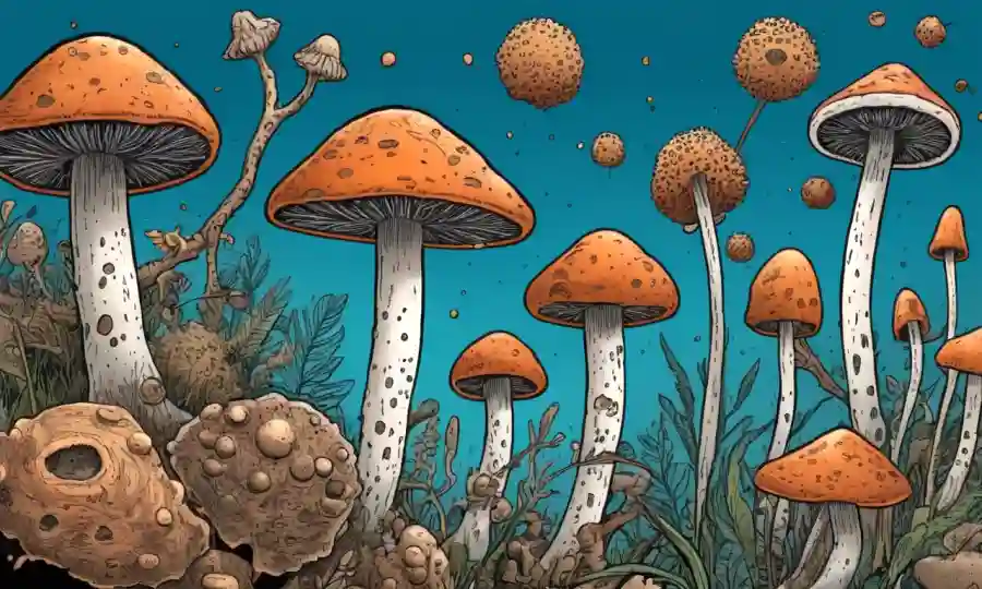 Muestras de hongos microscópicos con formas y texturas variadas adaptadas a diferentes ambientes.
