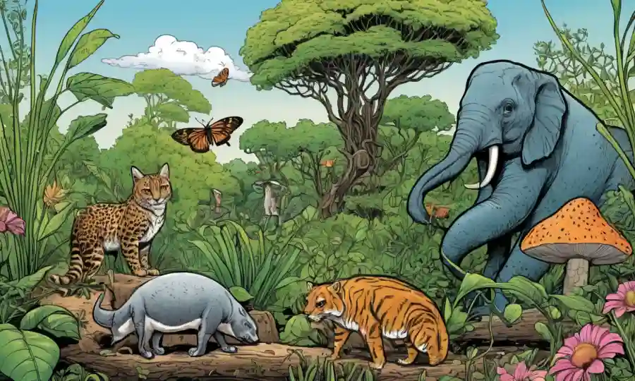 Ilustraciones de diversas adaptaciones vegetales y animales en medio de relaciones simbióticas en la naturaleza.