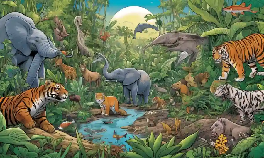 Una variedad diversa de plantas y animales, destacando adaptaciones evolutivas y relaciones simbióticas.