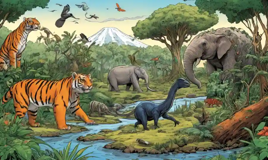 Ilustraciones de adaptaciones evolutivas y relaciones simbióticas en Tierras diversos ecosistemas.