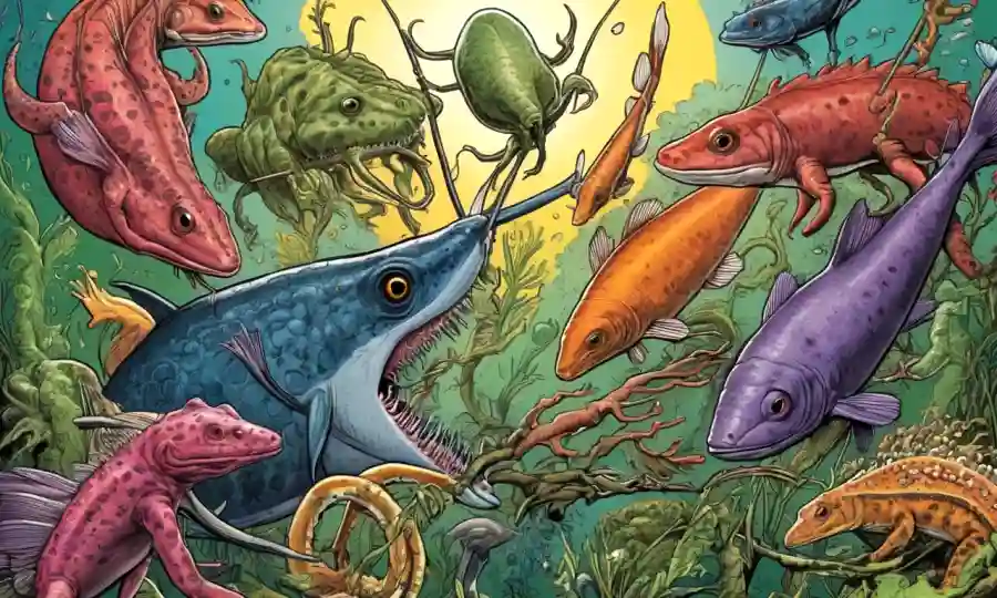 Una ilustración de varios organismos formando diferentes vínculos simbióticos, con flechas indicando las adaptaciones.