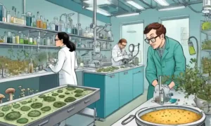 Ajustes de laboratorio e imágenes de cultivos de hongos con científicos en el trabajo.