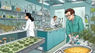 Ajustes de laboratorio e imágenes de cultivos de hongos con científicos en el trabajo.
