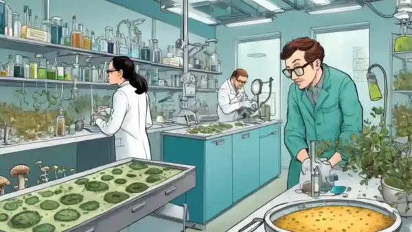 Ajustes de laboratorio e imágenes de cultivos de hongos con científicos en el trabajo.
