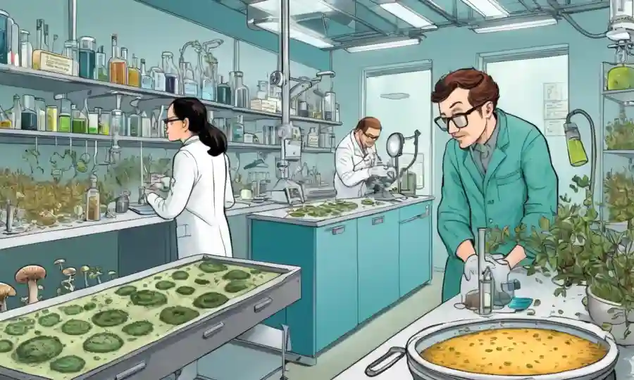Ajustes de laboratorio e imágenes de cultivos de hongos con científicos en el trabajo.