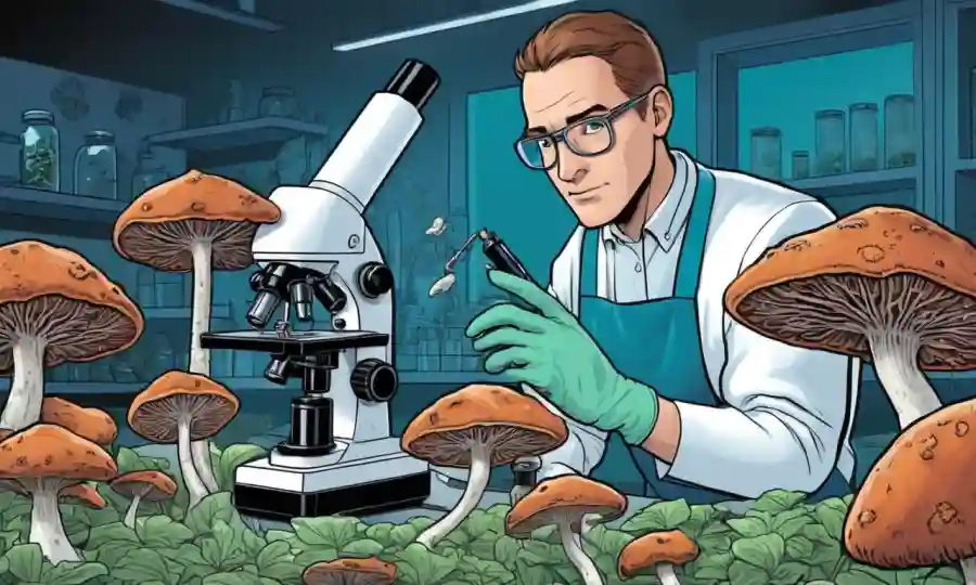 Una persona en guantes de laboratorio que maneja crecimientos de hongos con microscopio en el fondo.