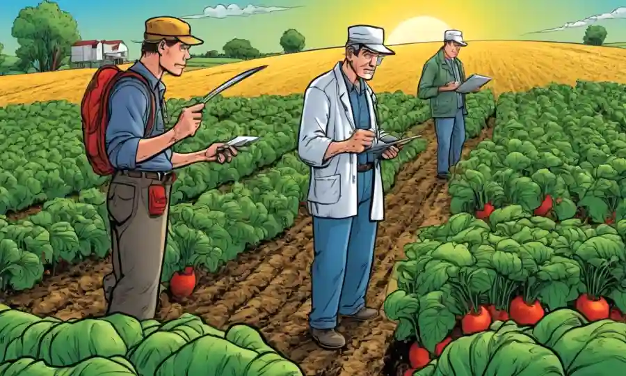 Los agricultores inspeccionan cultivos con microbios.