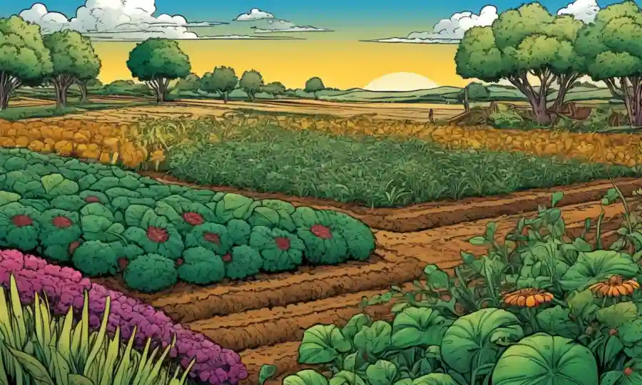 Campo agrícola con diversidad de flora y microbios interactuando, destacando los beneficios.