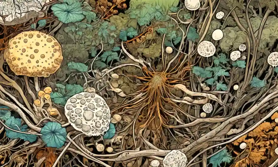 Esporas microscópicas de hongos y raíces de plantas, rodeadas de datos científicos y equipos.