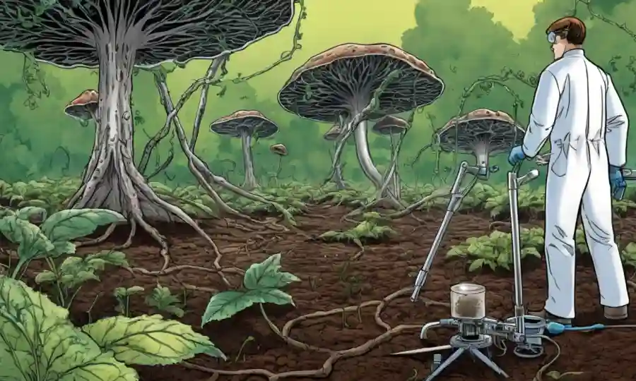 Una red fúngica que se extiende en suelo con vegetación y equipo de laboratorio en el fondo, insinuando enfoques innovadores para controlar biológicamente las enfermedades fúngicas.