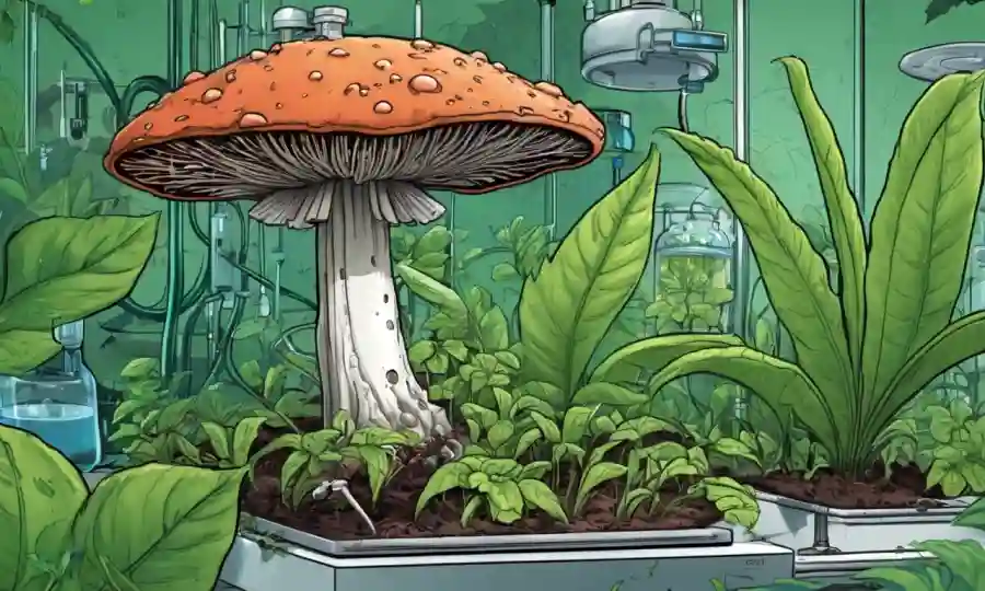 Un hongo creciendo en una hoja rodeada de plantas verdes y equipos de laboratorio.