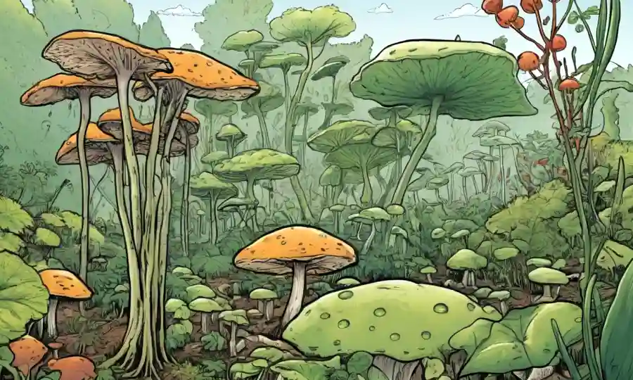 Una relación simbiótica entre planta y hongo, con flechas circulares destacando beneficios mutuos.