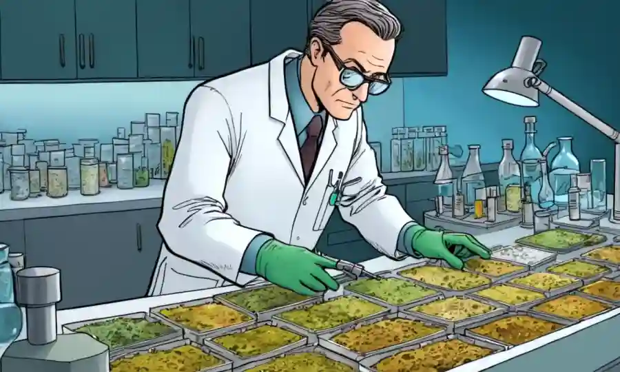 Un científico que examina muestras de biomasa fúngica en un banco de laboratorio.