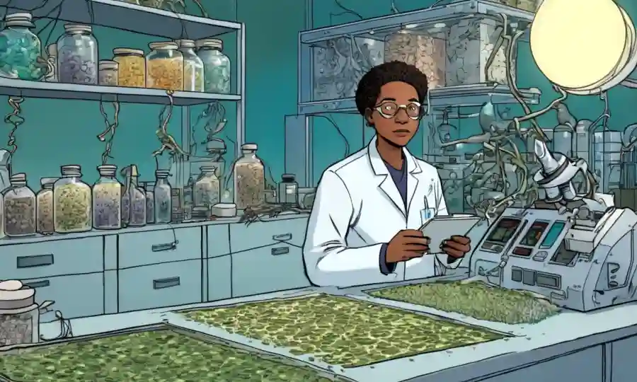Un microbiólogo en un laboratorio rodeado de muestras y equipos de biomasa fúngica.