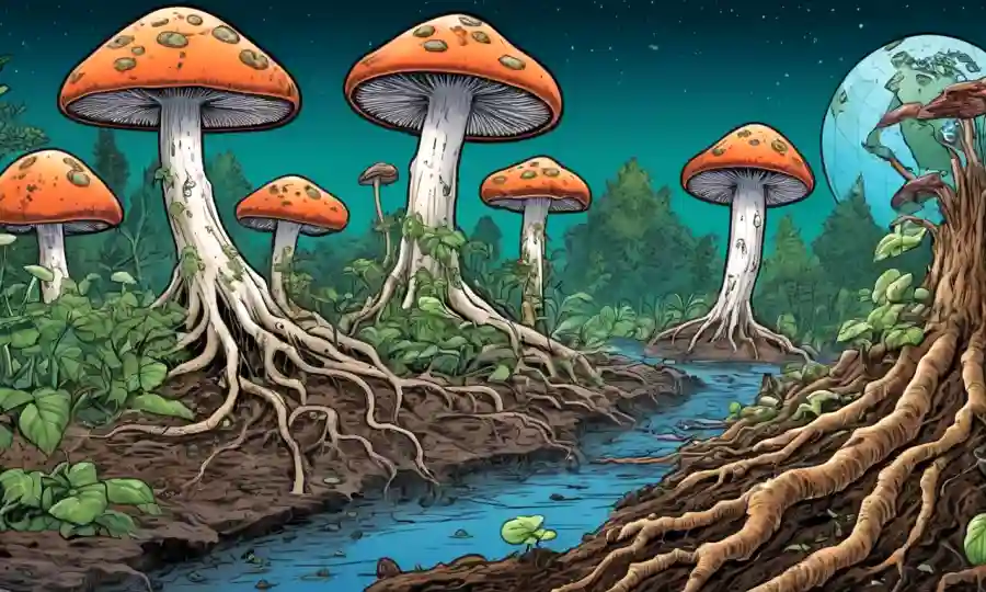 Fungi interactuando con raíces vegetales en diferentes ambientes, rodeado de gráficos de concepto de cambio climático.
