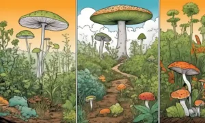Gráficos y diagramas que ilustran relaciones ecológicas entre hongos y especies vegetales.