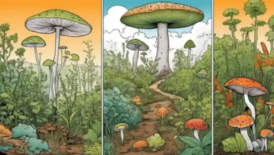 Gráficos y diagramas que ilustran relaciones ecológicas entre hongos y especies vegetales.