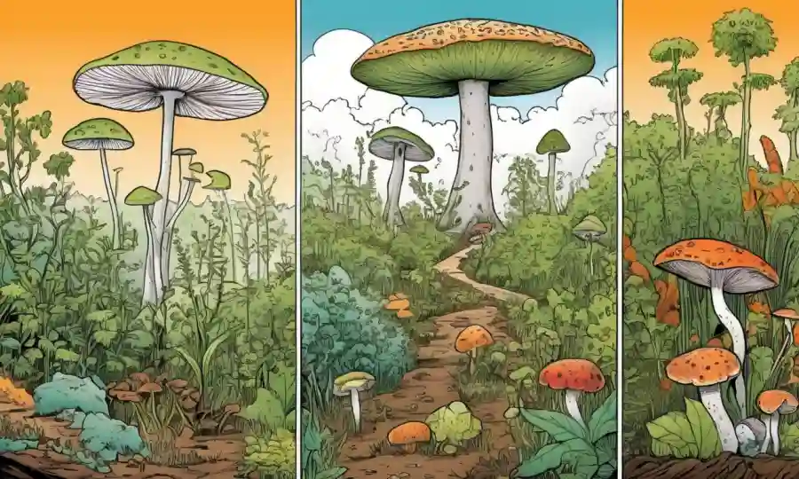 Gráficos y diagramas que ilustran relaciones ecológicas entre hongos y especies vegetales.