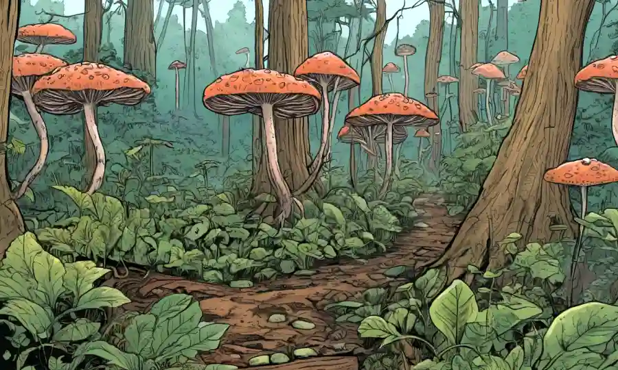 Redes fúngicas ilustradas, conectando plantas en un contexto de ecología forestal.