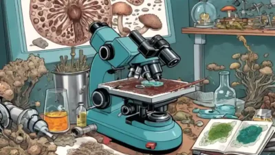 Microscopio con varias muestras de hongos y equipo científico en el fondo.