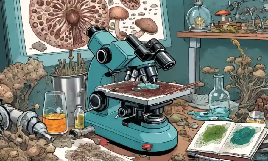 Microscopio con varias muestras de hongos y equipo científico en el fondo.