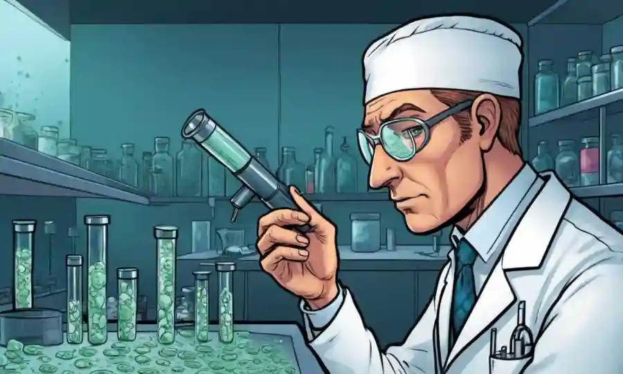 Un microbiólogo que examina una diapositiva de microscopio de células fúngicas en condiciones de laboratorio.