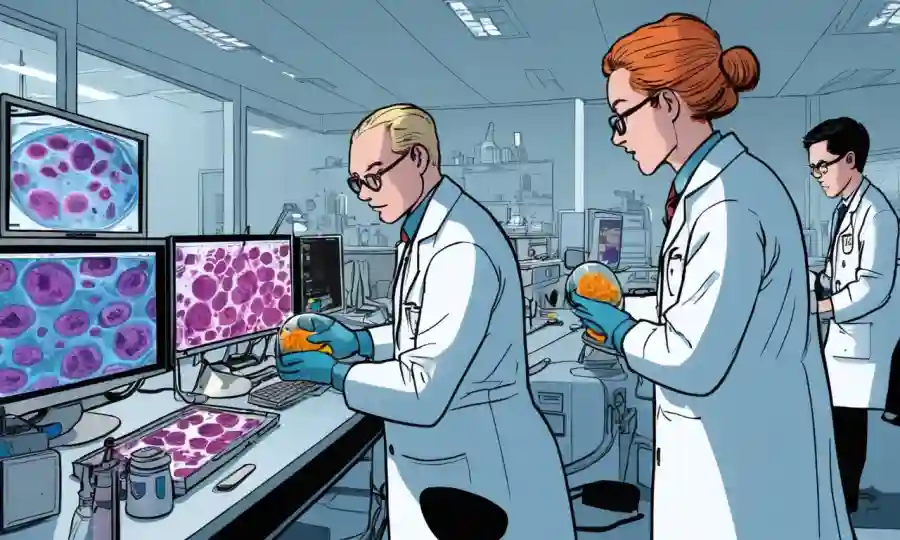 Los científicos del laboratorio examinan los platos petri que contienen culturas fúngicas y datos en las pantallas informáticas.