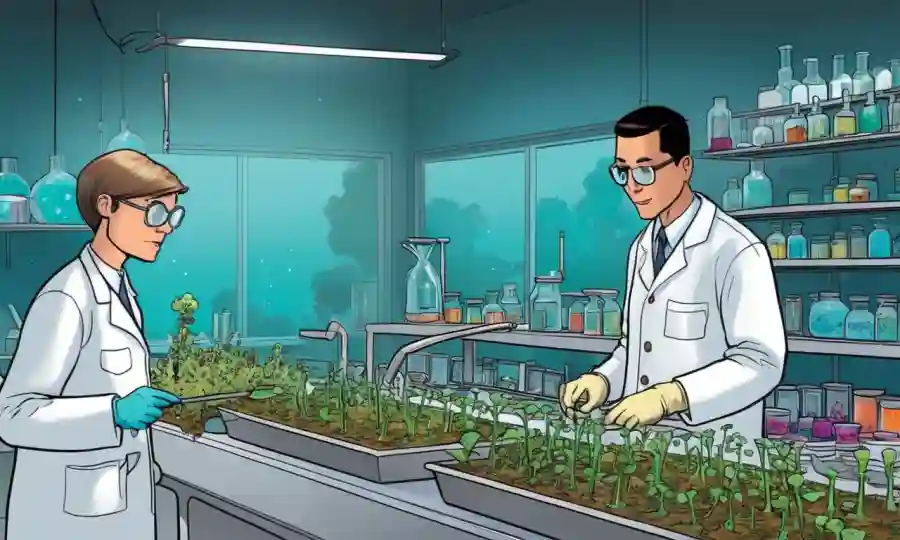 Los investigadores que estudian el cultivo de hongos resultan en un entorno de laboratorio.