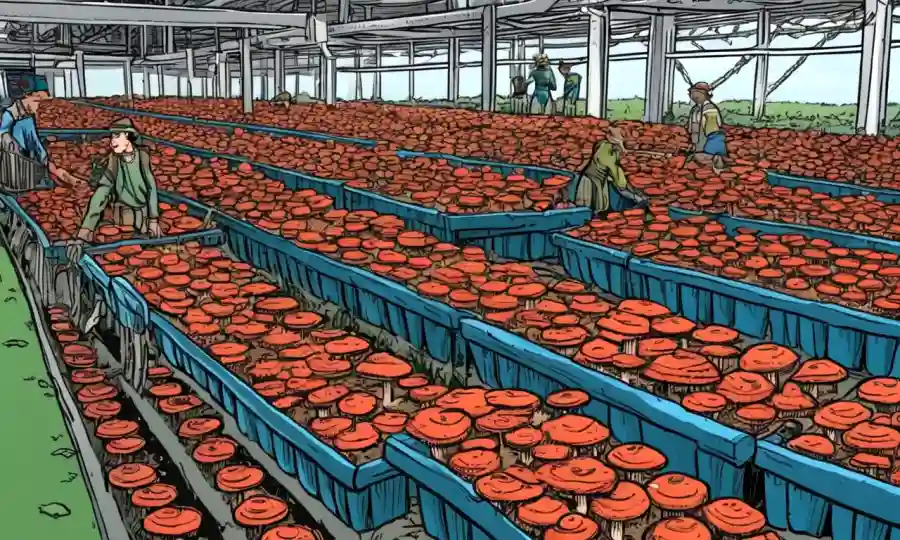 Una granja de hongos en funcionamiento, con filas de gorros y estadísticas económicas exhibidas en pantallas.