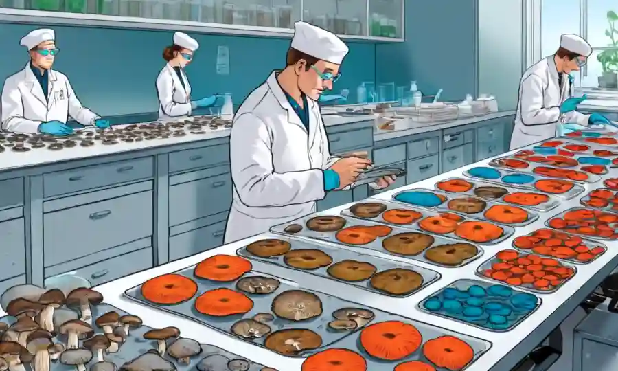 Investigadores que examinan varias especies de hongos en bancos de laboratorio y en platos petri.
