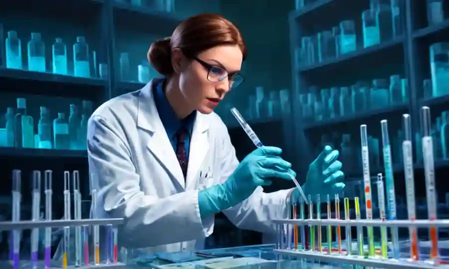 Científicos de laboratorio usando pipetas y equipos para analizar muestras de ADN.