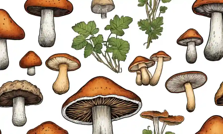 Ilustraciones de varias especies de hongos silvestres con características morfológicas destacadas.