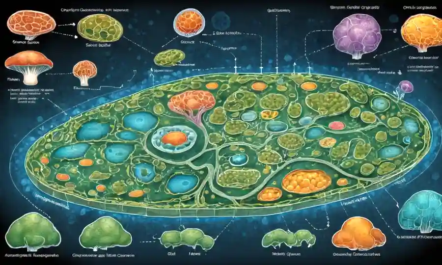 Diagrama que ilustra la estructura y las funciones de los organeles dentro de las células fúngicas.