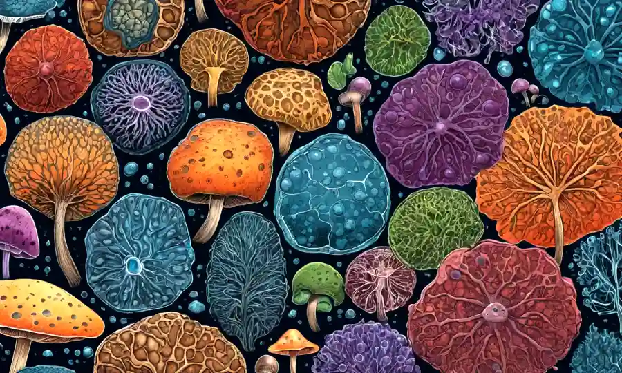 Dibujos coloridos de células fúngicas destacando componentes celulares clave y estructuras.