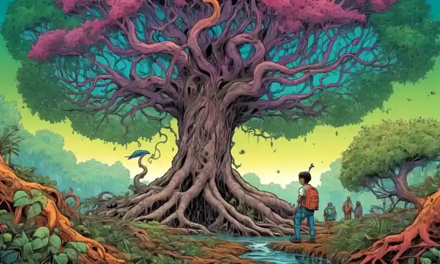 Imagen mostrando relaciones simbióticas en la naturaleza, con árboles interconectados, raíces y criaturas entre colores vibrantes.