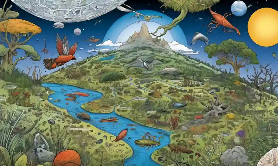 Ilustraciones de organismos interconectados en diferentes ecosistemas, rodeados de texto y diagramas.