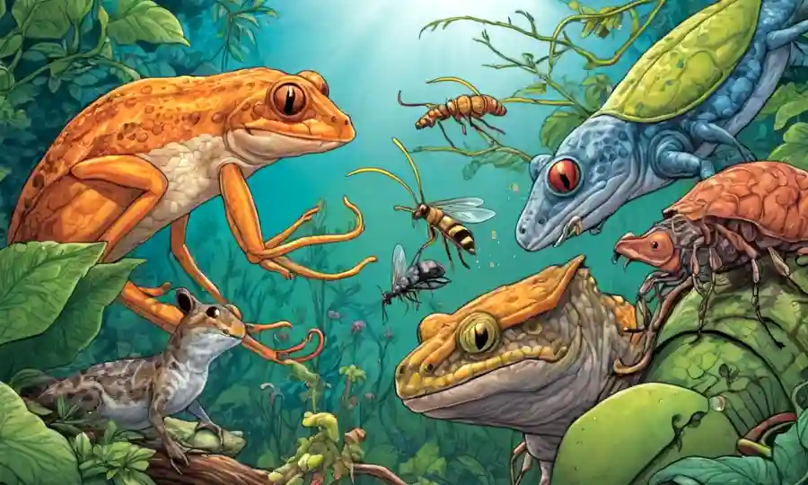 Ilustración de diferentes relaciones simbióticas (mutualismo, comunalismo, parasitismo) en entornos naturales.