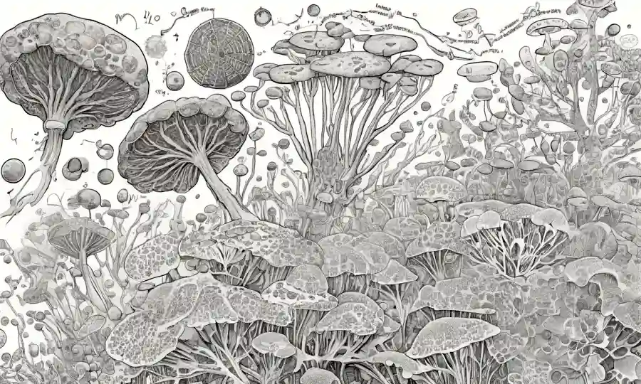 Ilustración científica de células fúngicas rodeadas de diagramas y ecuaciones.
