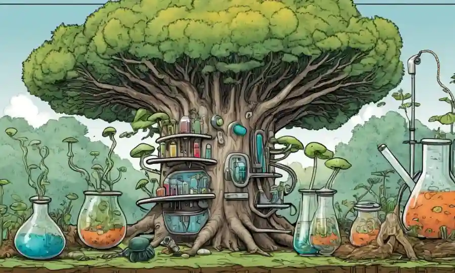 Ilustraciones de árboles de familia hongos con equipos de laboratorio y muestras de planta/microorganismo.
