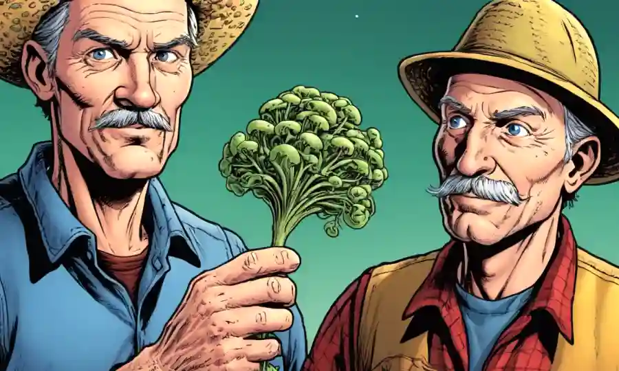El agricultor sostiene un hongo simbiótico creciendo en un tallo de planta.