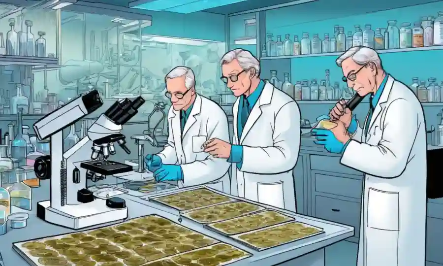Investigadores científicos analizando las diapositivas del microscopio de hongos en un entorno de laboratorio.