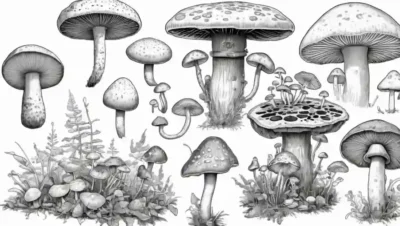 Ilustraciones científicas de diversos hongos junto con el equipo tecnológico y los diagramas.