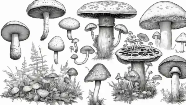 Ilustraciones científicas de diversos hongos junto con el equipo tecnológico y los diagramas.